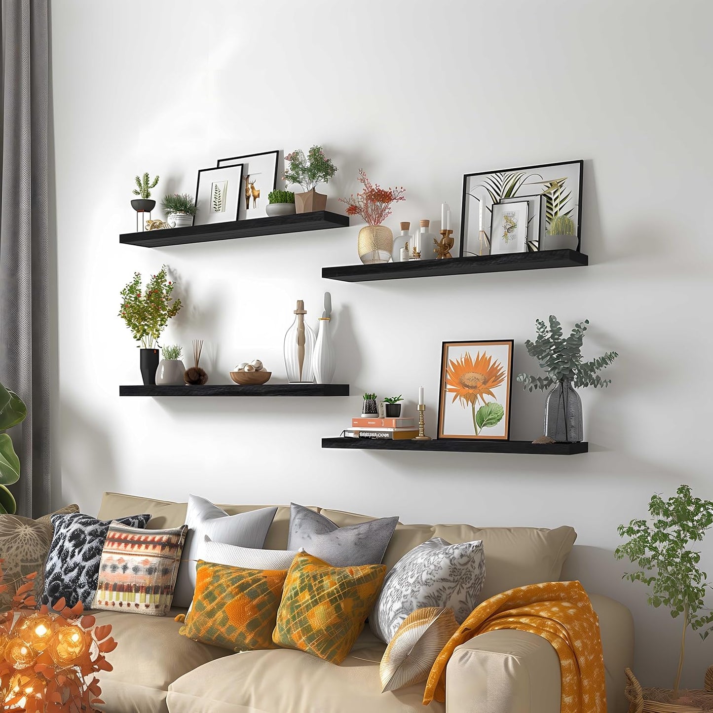 24 Inch Floating Shelves for Wall Rustic Black Wood Wall Shelves for Bedroom Set of 4 - Décor Diaries