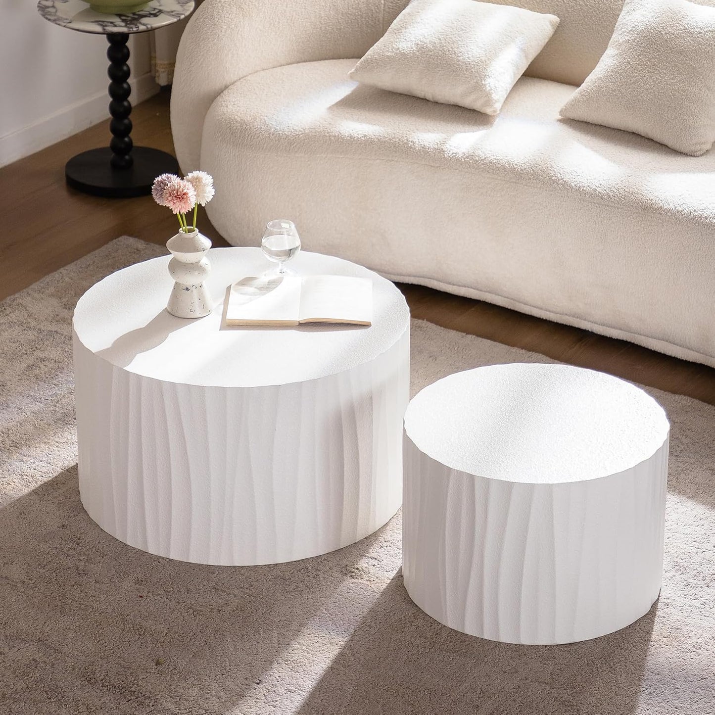 Nesting Round Coffee Table Set of 2, 26.77" (W) Circle Accent End Table with Water Ripple Pattern, Morden Drum Side Table, Wooden Center Table for Living Room, Fully Assembled - White
