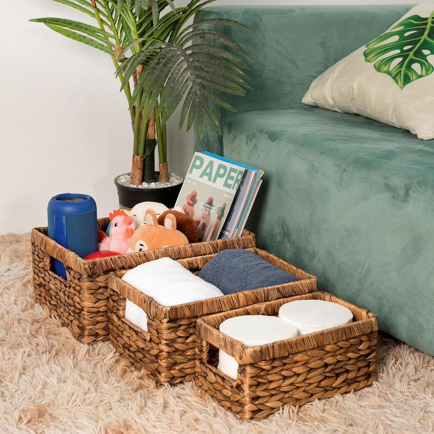 CENBOSS Wicker Baskets (Large, Brown Wash, 1PC) Rattan Storage Baskets for Shelves, Woven Seagrass Holder