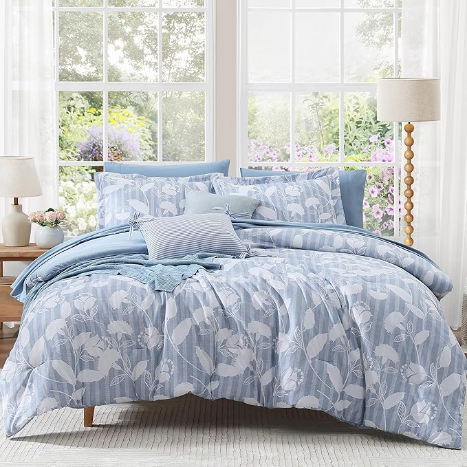 Full Comforter Set -7 Pieces Blue Floral Comforter Set for All Seasons, Bed in a Bag Full with Botanical Flowers Comforter, Sheets, Pillowcases & Shams
