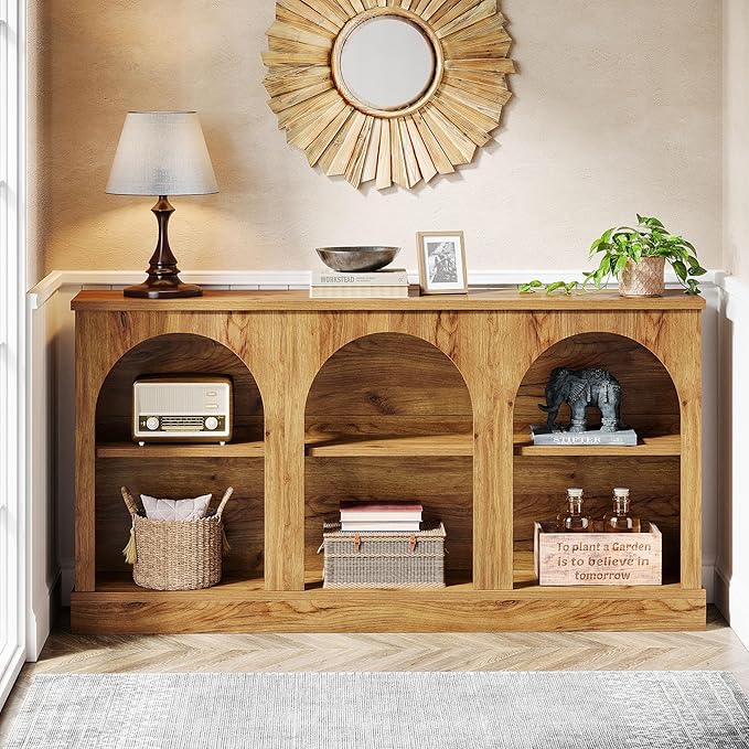 Tribesigns Farmhouse Console Table, 63-Inch Long 3-Tier Entryway Table with Storage, Wooden Rectangular Sofa Table Behind The Couch for Entrance, Hallway, Living Room, Natural Wood