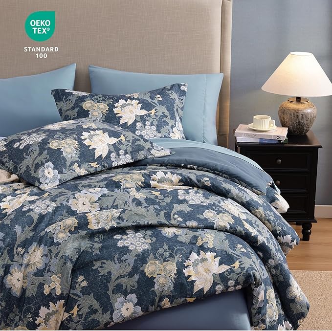 King Comforter Set -7 Pieces Floral Antique Blue Comforter Set for All Seasons, Bed in a Bag King with Botanical Flowers Comforter, Sheets, Pillowcases & Shams