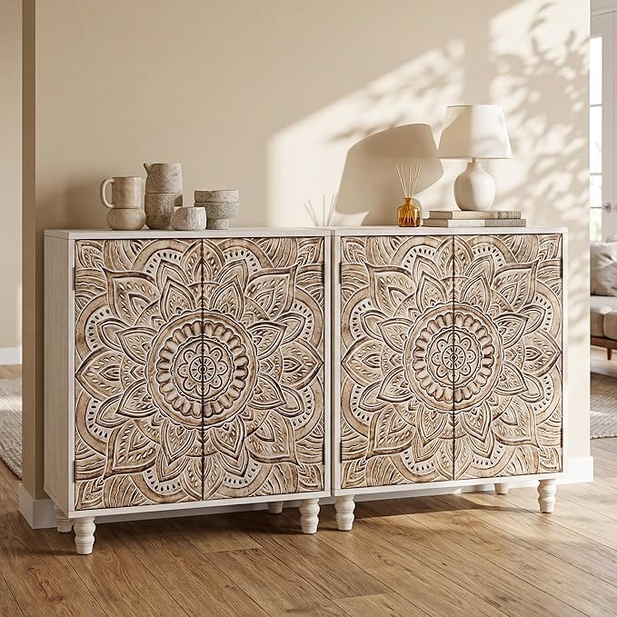 COSIEST Set of 2 32" Buffet Sideboard Cabinets with Storage, Accent Cabinet with Push-to-Open Doors, Vintage Lotus Carved Pinewood Doors, Entryway Console for Living Room, Kitchen, Hallway, Gray