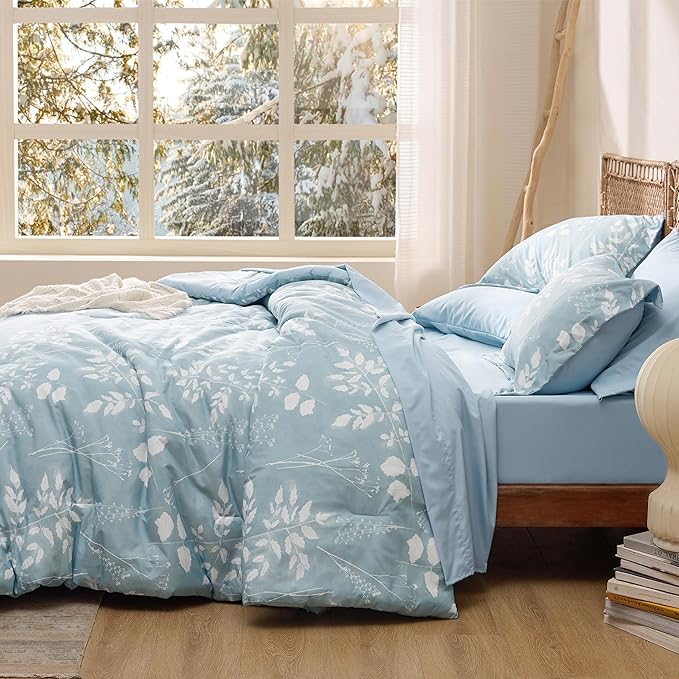 Bedsure Sky Blue Full Comforter Set - 7 Pieces Floral Bedding Sets, Full Bed in a Bag with Reversible Botanical Flowers Comforter, Sheets, Pillowcases & Shams