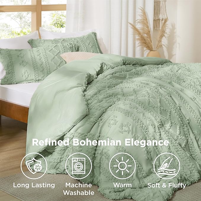 Bedsure Tufted Boho Comforter Set California King - Sage Green Boho Bed Set, GentleSoft™ 3 Pieces Farmhouse Shabby Chic Embroidery Bedding, Gifts for Woman, Soft Jacquard Comforter for All Seasons