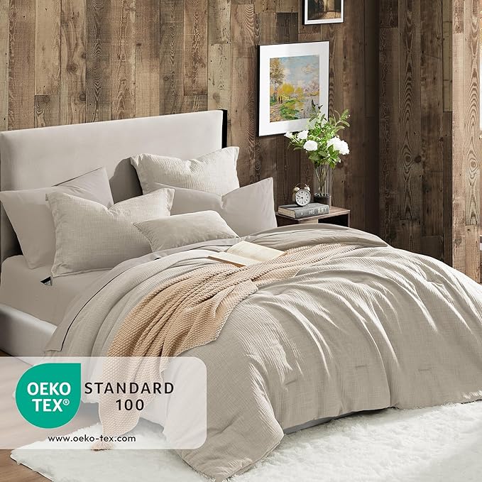 Geniospin Queen Comforter Set - 7 Pieces Comforter Queen Size, Soft Solid Bedding Set for All Season, Textured Bed in a Bag with Flat Sheet and Fitted Sheet, Pillowcases & Shams (Ivory, 90''x90'')