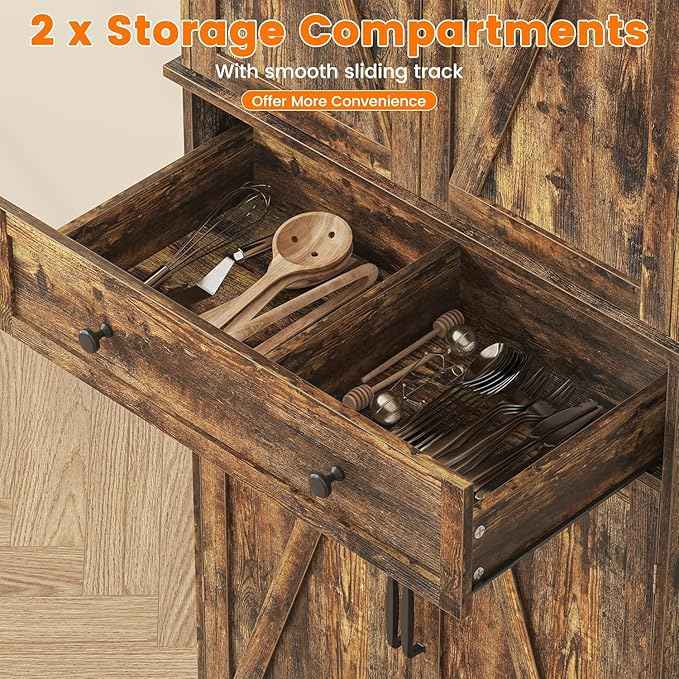 72" Tall Kitchen Pantry Cabinet, Rusty-Brown Pantry Storage Cabinet with Adjustable Shelves, Barn Doors and Drawer Farmhouse Cupboard for Kitchen, Dining Room, Bathroom (16" D x 30" W x 72" H)