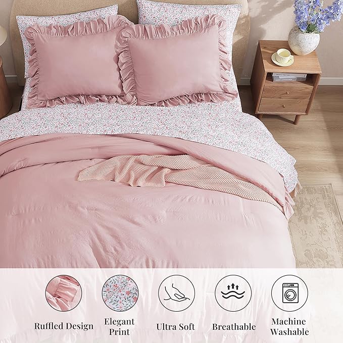 Queen Comforter Set - 7 Pieces Ruffle Soft Pink Bedding Sets, Shabby Chic Farmhouse Bed in a Bag Queen with Ruffle Comforter, Floral Sheets, Pillowcases & Shams