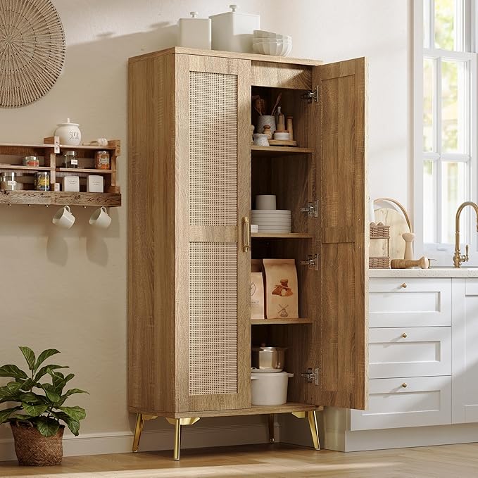 JASIWAY Tall Bathroom Storage Cabinet with Doors and Shelves, 57" Linen Floor Storage Cabinet for Laundry Entryway, Wood Freestanding Pantry with Metal Handle, Adjustable Shelves, Anti-Tipping Device