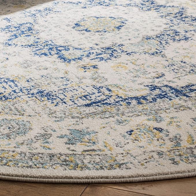 SAFAVIEH Evoke Collection Area Rug - 6'7" Round, Ivory & Blue, Shabby Chic Oriental Medallion Design, Non-Shedding & Easy to Clean, Ideal for Living Room, Bedroom, Dining Space (EVK220C)