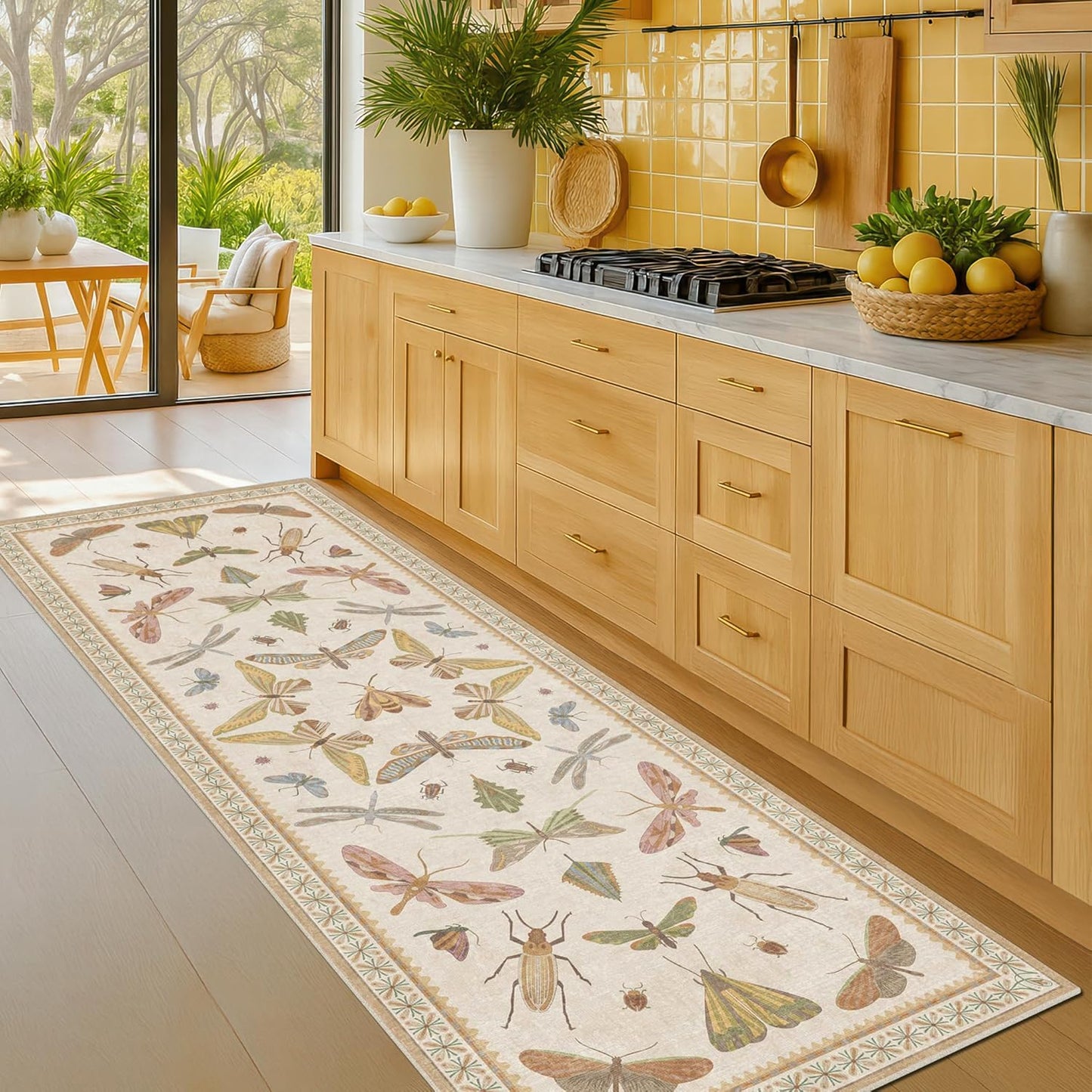 Boho 2x6 Bathroom Runner - Long Rug Runner for Laundry Room, Kitchen, Washable Non Slip Soft Stain Reistant Beige and Yellow Neutral Insect Design Decor