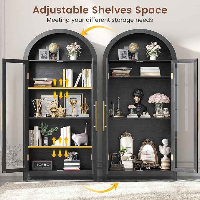 Vlsrka 71" Arched Storage Cabinet with Doors, Display Cabinet with LED Light & Human Sensor, 5-Tier Display Cases for Collectibles, Curio Cabinet with Ajustable Shelf for Living Room, Black