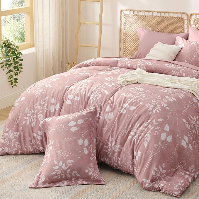 Bedsure Rose Pink King Comforter Set - 7 Pieces Floral Bedding Sets King Bed in a Bag with Reversible Botanical Flowers Comforter, Sheets, Pillowcases & Shams