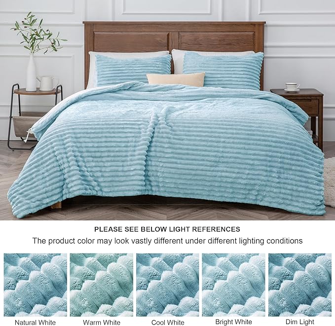BEDELITE Fleece Queen Comforter Set -Super Soft & Warm Fluffy Light Blue Bedding, Luxury Fuzzy Heavy Bed Set for Winter with 2 Pillow Cases