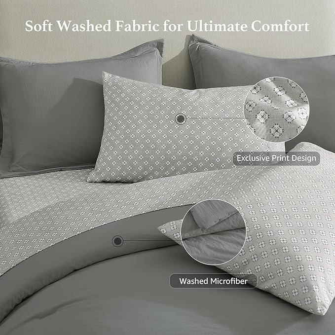 Monbix Queen Comforter Set - 7 Pieces Granite Grey Prewashed Bed in a Bag Queen Bedding Sets with Comforters, All Seasons Ultra Soft Comforter Bed Set with Sheets,Pillowcases & Shams