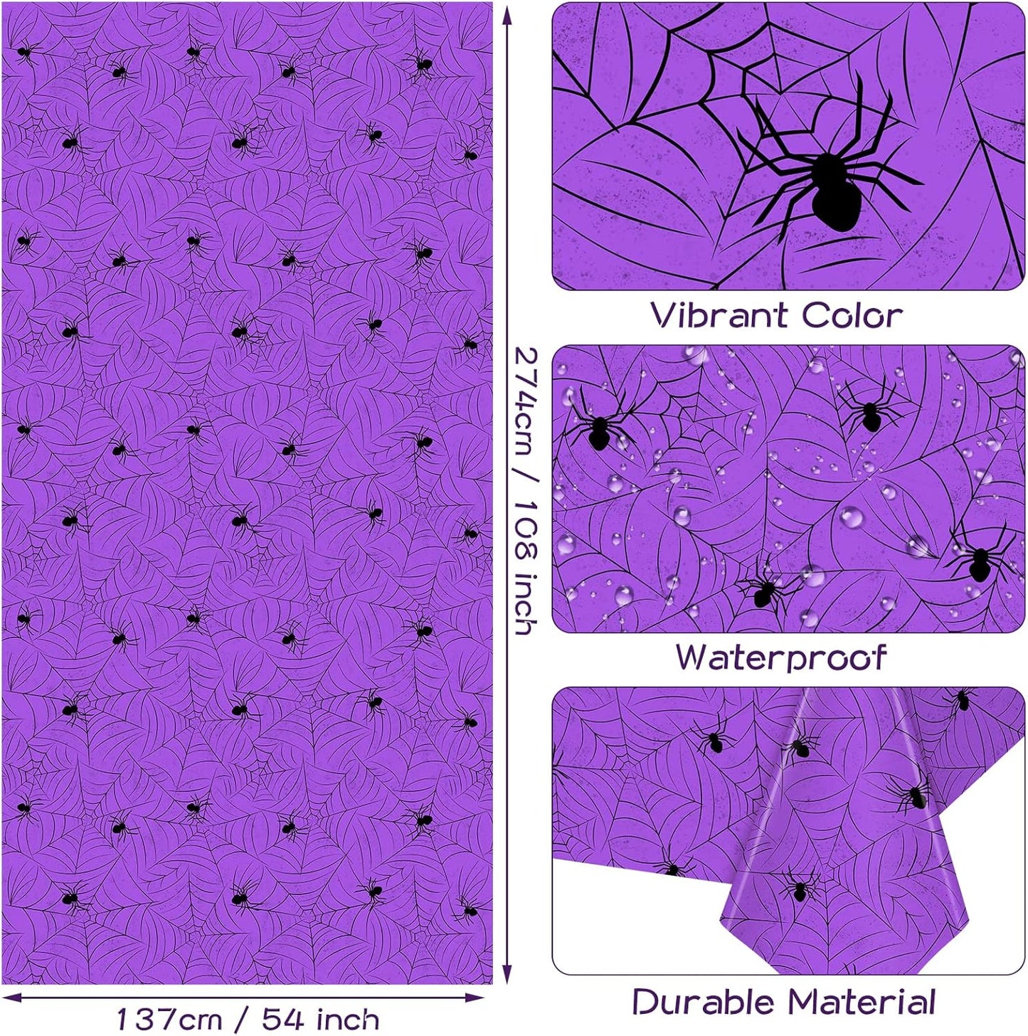 TREWAVE 3 Pack Halloween Spiderweb Tablecloth Rectangular Plastic Spider Web Table Cloth Large Size Table Covers for Home Decor Halloween Party Decorations 54" x 108" (Purple)