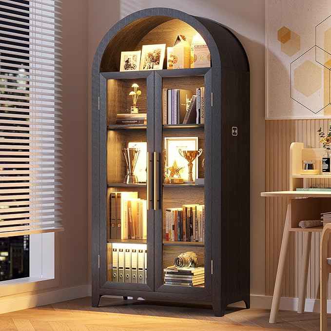 Vlsrka 71" Arched Storage Cabinet with Doors, Display Cabinet with LED Light & Human Sensor, 5-Tier Display Cases for Collectibles, Curio Cabinet with Ajustable Shelf for Living Room, Black