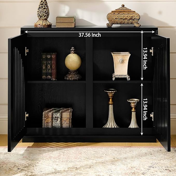 KEIKI 39" Mid Century Modern Fluted Sideboard Cabinet with Storage & Outlet Holes, Narrow Buffet Cabinet, Solid Wood + MDF, for Living Room, Entryway, Hallway, Kitchen, Coffee Bar, Black