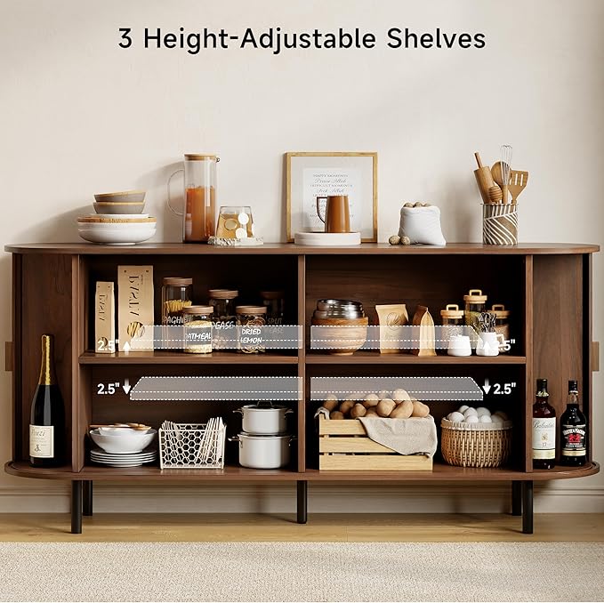 Buffet Sideboard Cabinet with Storage, 63" Fluted Cabinet with Sliding Door & Adjustable Shelf, Modern Accent Coffee Bar Console Table for Kitchen, Entryway, Walnut