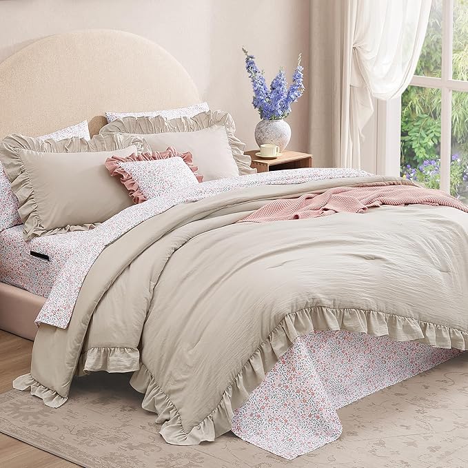 Twin XL Comforter Set - 5 Pieces Ruffle Birch Bedding Sets, Shabby Chic Farmhouse Bed in a Bag Twin XL with Ruffle Comforter, Floral Sheets, Pillowcases & Shams