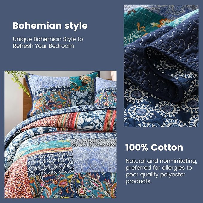 Secgo King Size Comforter Set- 100% Cotton Quilt King Size Set, Navy, Bohemia bedspreads (96 * 108 Inch) with 2 Pillow Shams, Patchwork Reversible Lightweight Bedding