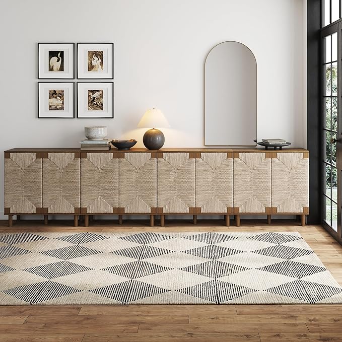 Nathan James Beacon Boho Accent Cabinet with Doors, TV Stand with Adjustable Interior Shelf and Seagrass Accent, Dark Brown, Set of 4