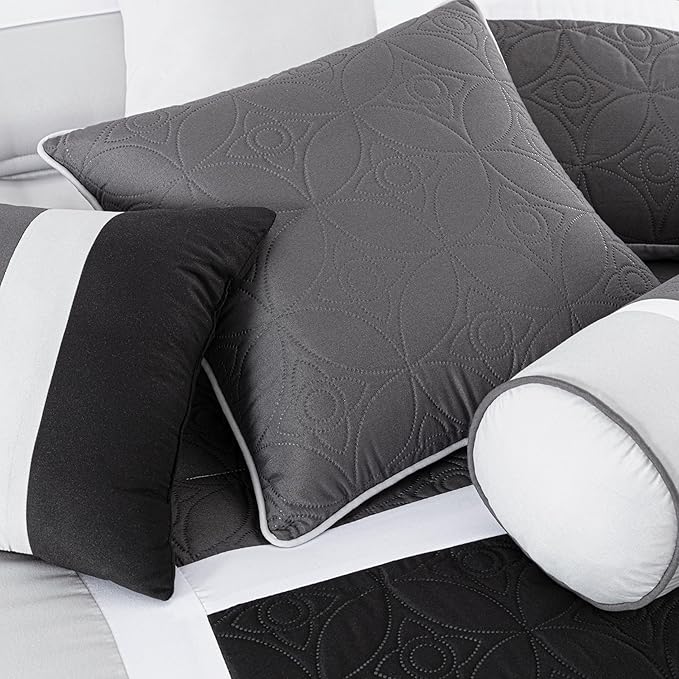 Chezmoi Collection Upland 7-Piece Quilted Patchwork Comforter Set, Black/Gray/Light Gray, Queen