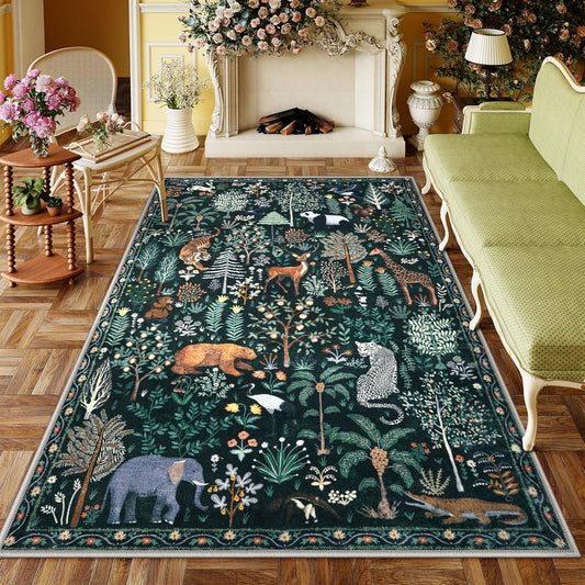 OJIA Jungle Print 5x7 Area Rugs for Living Room, Green Soft Washable Rugs for Bedroom Ultra-Thin Non-Slip Modern Rug, Stain Resistant Nursery Rug Carpet for Kids Playroom Nursery Dining Room