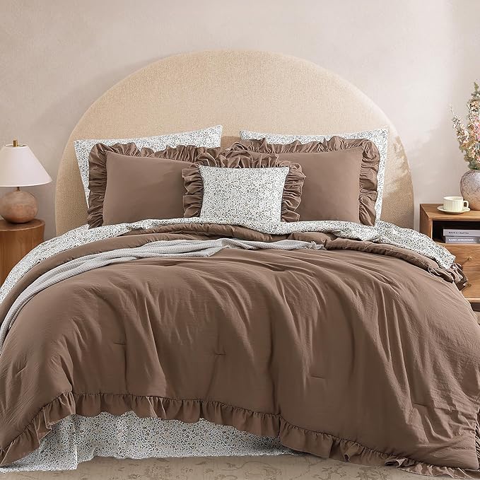 Queen Comforter Set - 7 Pieces Ruffle Amber Brown Bedding Sets, Shabby Chic Farmhouse Bed in a Bag with Ruffle Comforter, Floral Sheets, Pillowcases & Shams