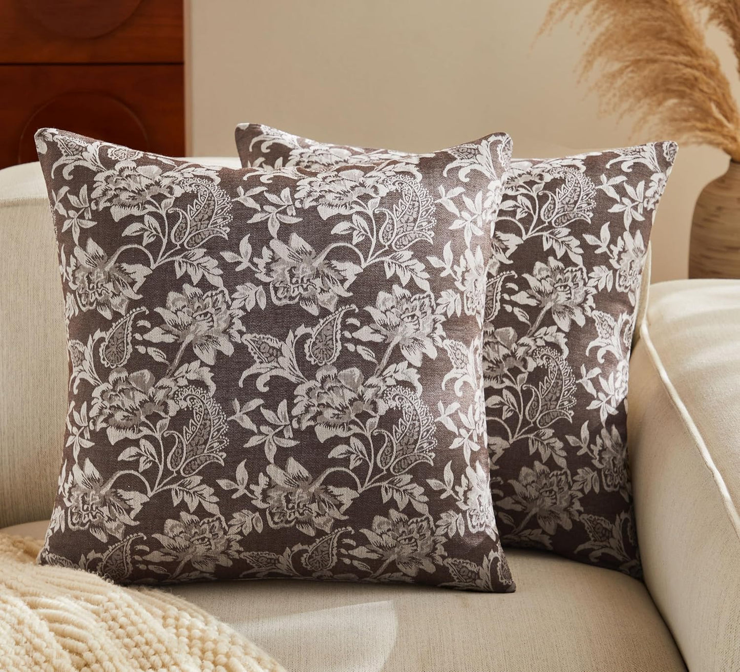 Floral Jacquard Throw Pillow Covers Set of 2, Background/Chocolate 20x20 Inch, Farmhouse Decorative Cotton Dark Brown Cushion Covers for Sofa Bed Living Room Home Decor