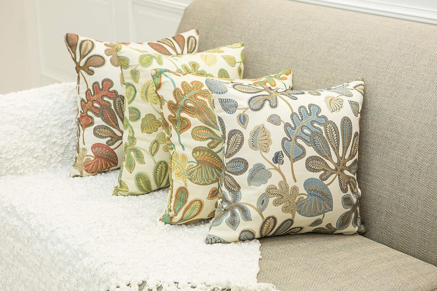 Set of 2 Jacquard Tropical Leaf Pattern Throw Pillow Covers Decorative Pillowcase 22X22 Inches,Green Cream