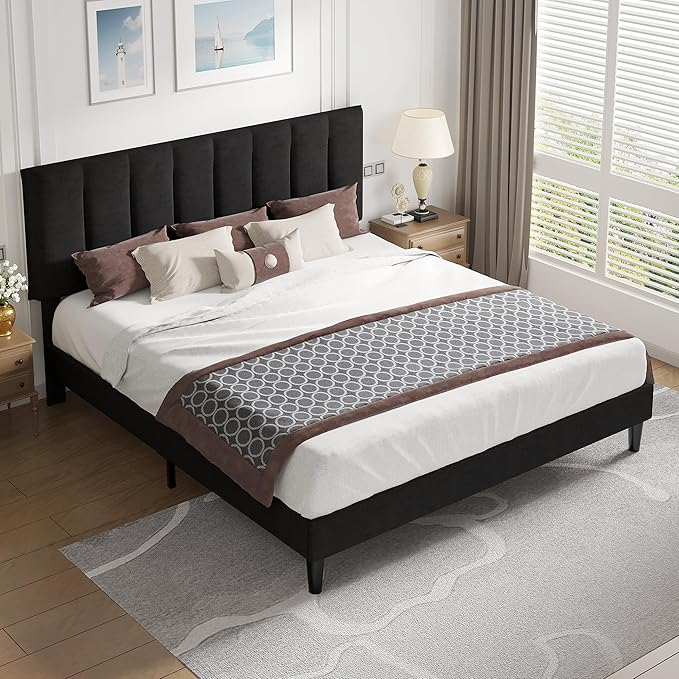 VECELO King Size Bed Frame with Upholstered Headboard, Heavy-Duty Bedframe with Strong Wooden Slats Support, No Boxing Spring Needed, Black