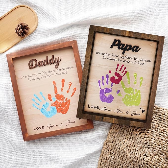 Best Dad Ever Hands Down Sign Handprint Frame with Paint DIY Gift for Father's Day Personalized Engraved Family Names Gifts From Daughter, Son, Kids Keepsake Birthday Gift for Dad, Stepdad, Grandpa