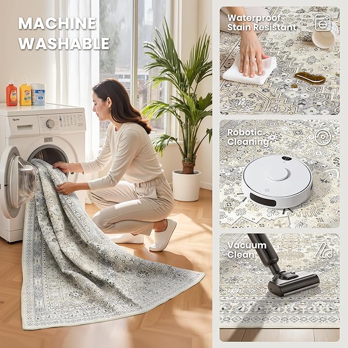 zesthome 2x3 Entryway Rug, Soft Washable Rugs, Non Slip Area Rug, Stain Resistant Low Pile Rugs for Bedroom, Vintage Rug for Door Mat, Kitchen (Beige,2'x3')