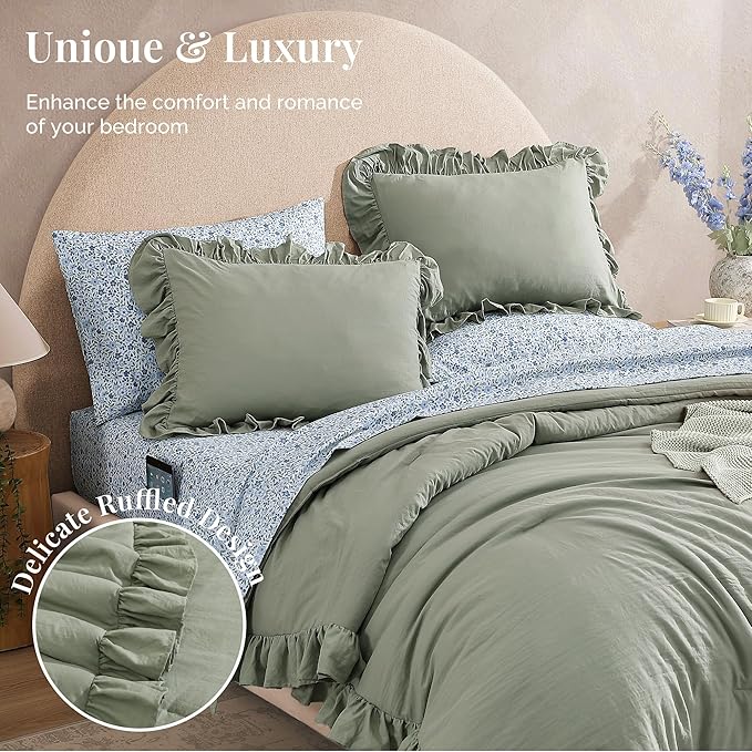 Twin XL Comforter Set - 5 Pieces Ruffle Sage Green Bedding Sets, Shabby Chic Farmhouse Bed in a Bag Twin XL with Ruffle Comforter, Floral Sheets, Pillowcases & Shams