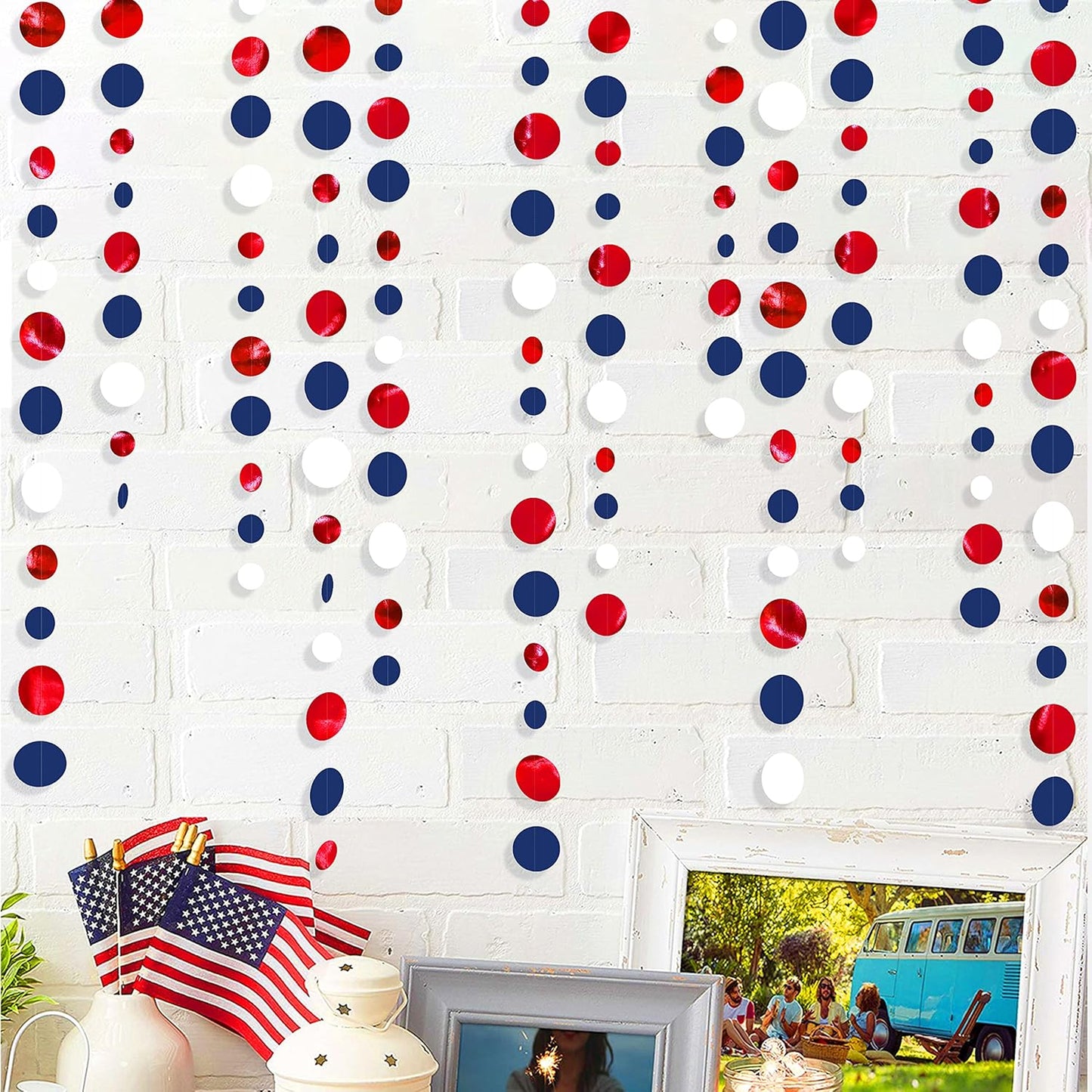 46 Ft Navy Blue Red White Circle Dots Garlands Royal Blue Red Hanging Paper Polka Dots Streamer for 4th of July American Independence Day USA National Day Patriotic Veterans Party Decorations Supplies