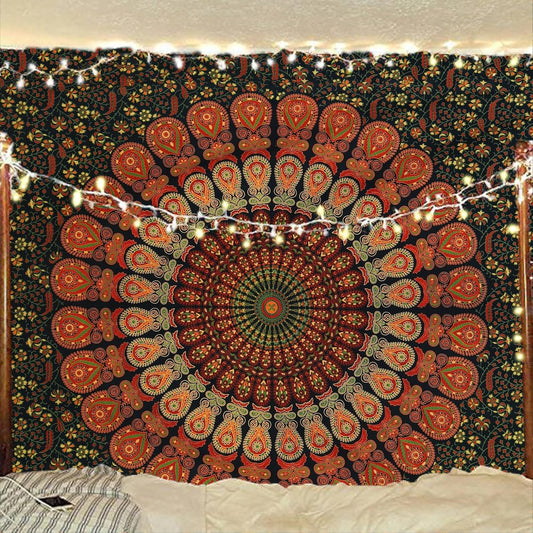 Bless International Handmade Indian hippie Bohemian Psychedelic Peacock Mandala Wall hanging College Dorm Beach Throws Table Cloth Bedding Tapestry (Golden Green, Twin(54x72Inches)(140x185cms))