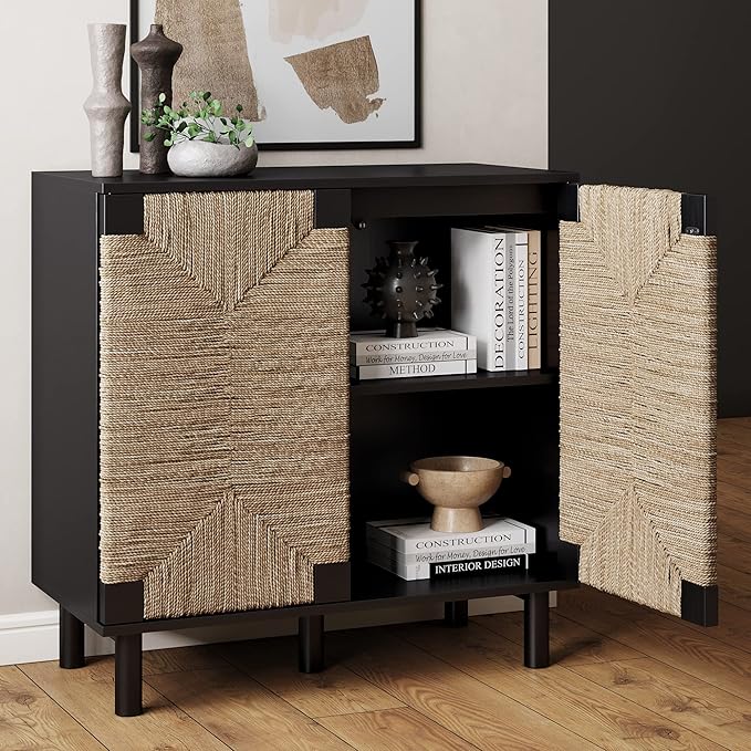 Nathan James Beacon Accent Natural Sideboard Storage Cabinet TV Stand in Wire-Brushed Wood with Adjustable Interior Shelf and Seagrass Doors, for Hallway, Entryway or Dining Room, Black, Set of 3