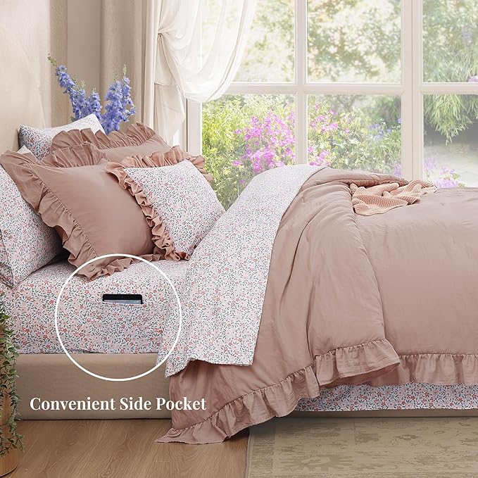 Twin XL Comforter Set - 5 Pieces Ruffle Rose Floral Bedding Sets, Shabby Chic Farmhouse Bed in a Bag with Ruffle Comforter, Floral Sheets, Pillowcase & Sham
