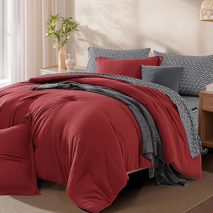 Monbix King Size Comforter Set - 7 Pieces Bright Red Prewashed Bed in a Bag King Bedding Sets with Comforters, All Seasons Ultra Soft Comforter Bed Set with Sheets, Pillowcases & Shams