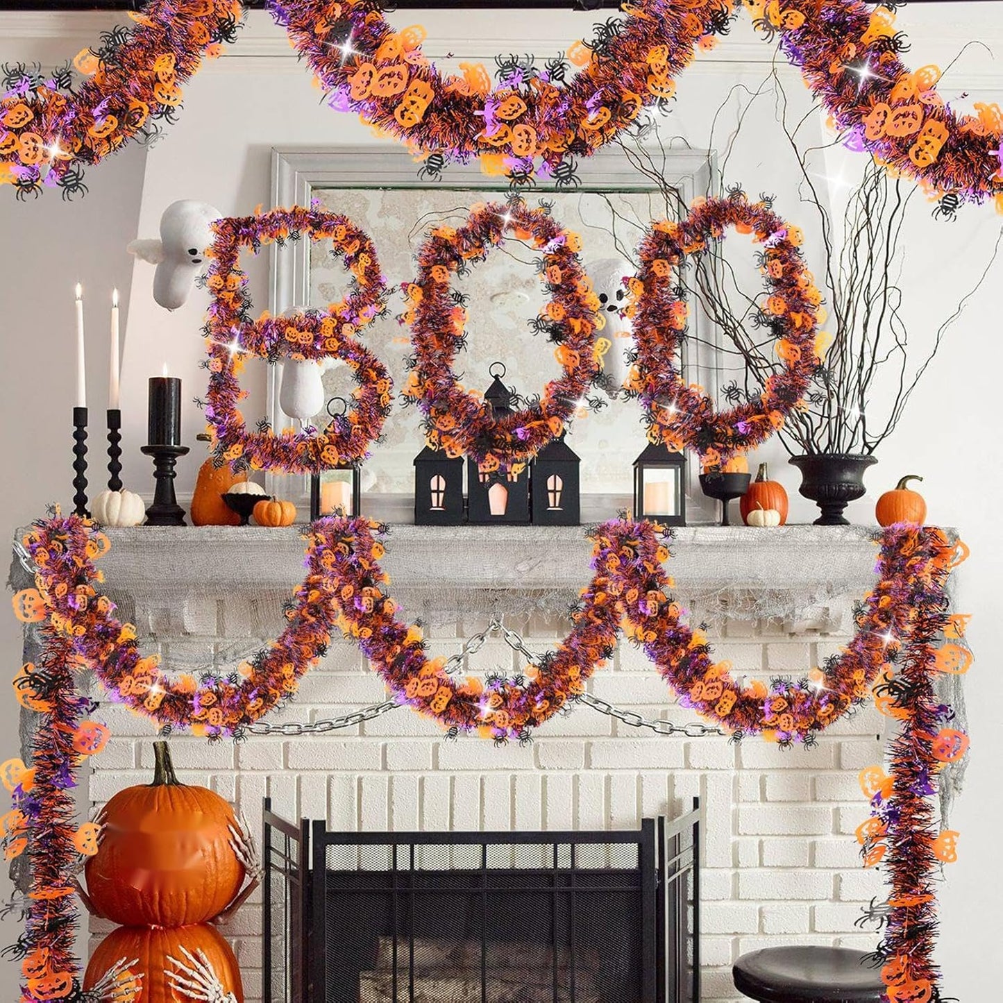 33 FT Halloween Tinsel Garland Decorations,Orange Purple Black Halloween Garland with Pumpkins, Bat, Spider Shiny Metallic Garlands for Indoor Outdoor Decorations