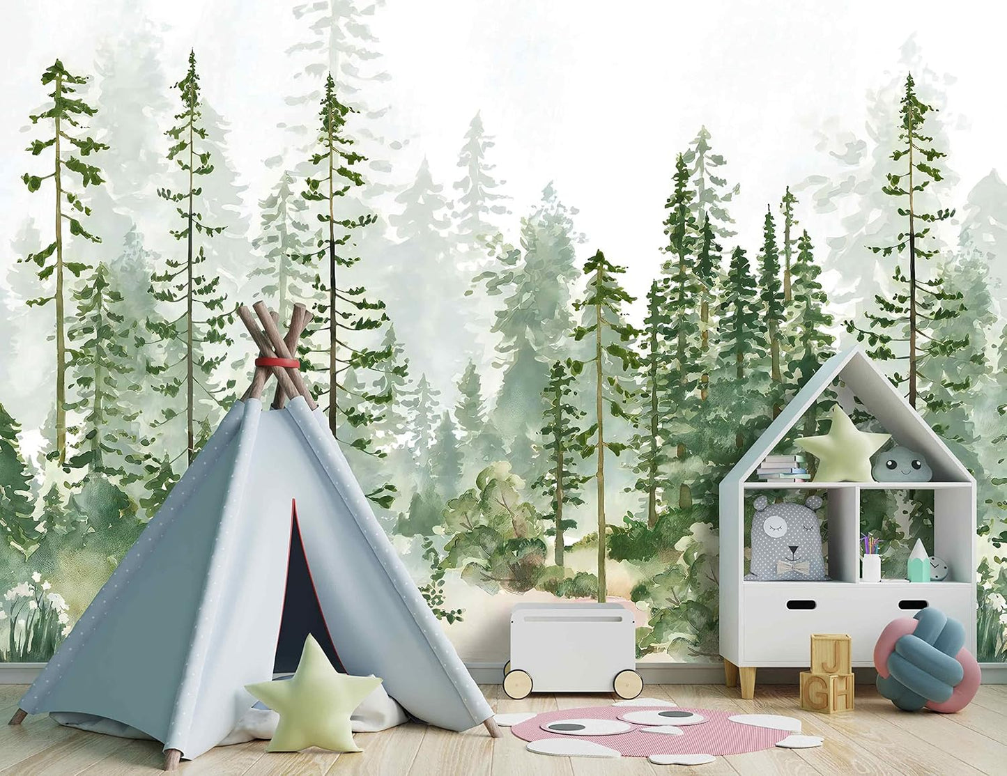 Boys or Girls Cartoon Pine Tree Forest wallpeper Nursery Kids Bedroom Wall Mural - 137"x96"（Not Peel and Stick）