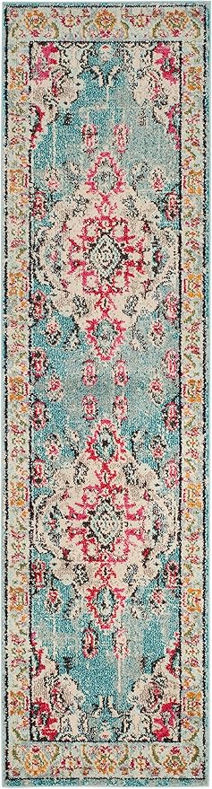 SAFAVIEH Monaco Collection Runner Rug - 2'2" x 22', Light Blue & Fuchsia, Non-Shedding & Easy to Clean, Distressed Medallion Design, Ideal for Hallway, Foyer, Entryway, Kitchen, Bedroom (MNC243J)