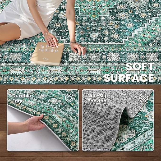 zesthome 6x9 Area Rug, Super Soft Washable Rugs for Living Room, Non-Slip Stain Resistant Vintage Rugs, Ultra-Thin Large Area Rugs(Green/Teal,6'x9')
