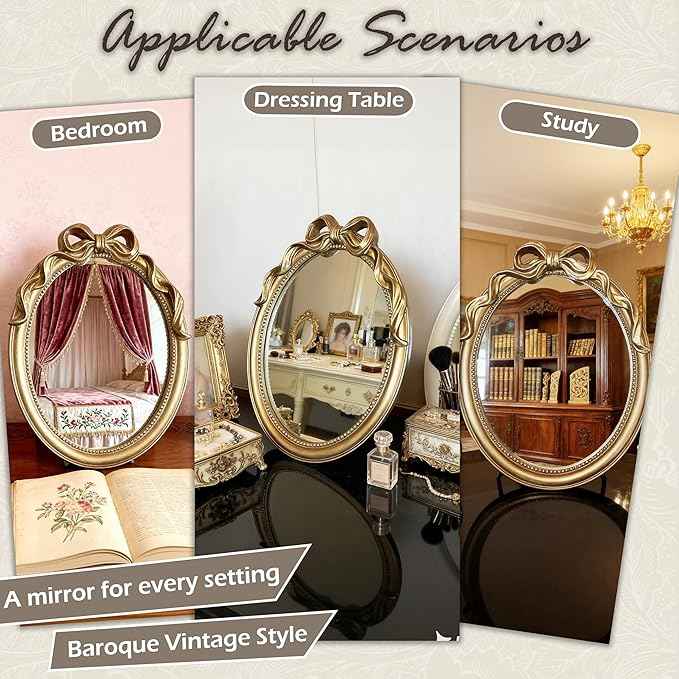 Vintage Vanity Desk Mirror - 13x10 Inch Wall-Mounted & Tabletop Decorative Ornate Champagne Gold Accent Retro Makeup Mirror for Bedroom Dresser Bathroom Living Room Dorm Oval