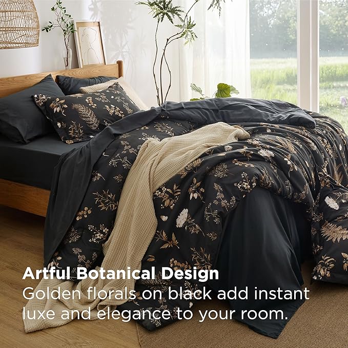 Bedsure Black Queen Comforter Set - 7 Pieces Floral Bedding Sets Queen Bed in a Bag with Reversible Botanical Flowers Comforter, Sheets, Pillowcases & Shams
