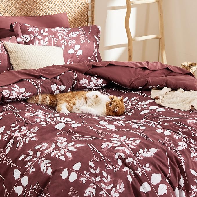 Bedsure Queen Comforter Set - 7 Pieces Floral Burgundy Soft Bedding Sets, Queen Bed in a Bag with Botanical Flowers Comforter, Sheets, Pillowcases & Shams