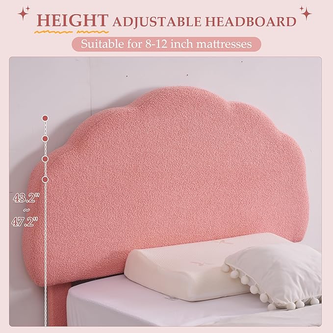 VECELO Twin Size Bed Frame Set of 2, Upholstered Platform Bedframe with Height Adjustable Plush Fabric Headboard, Strong Wood Slat Supports, No Box Spring Needed, Pink