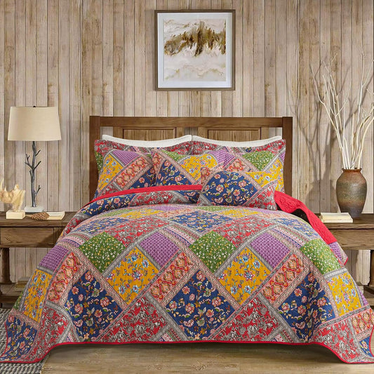 VAPUTAR Cotton Quilt Queen Size Set, Quilted Bedspread Coverlet (90 * 98 Inch) with 2 Pillowcovers, 3 Pieces Lightweight Farmhouse Style with Patchwork Design Queen Quilt Bedding Set for All Season