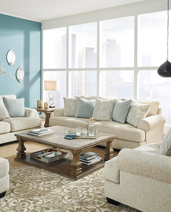 Signature Design by Ashley Monaghan Vintage Sofa with Accent Pillows, Reversible Cushions and Rolled Arms, Beige